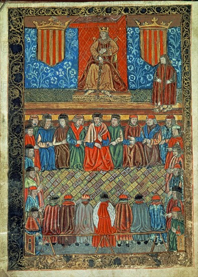 JAIME I EL CONQUISTADOR PRESIDIENDO SESION DE CORTES-CONSTITUCION DE CATALUÑA-MON S CUGAT DEL VALLES
BARCELONA, ARCHIVO CORONA ARAGON
BARCELONA