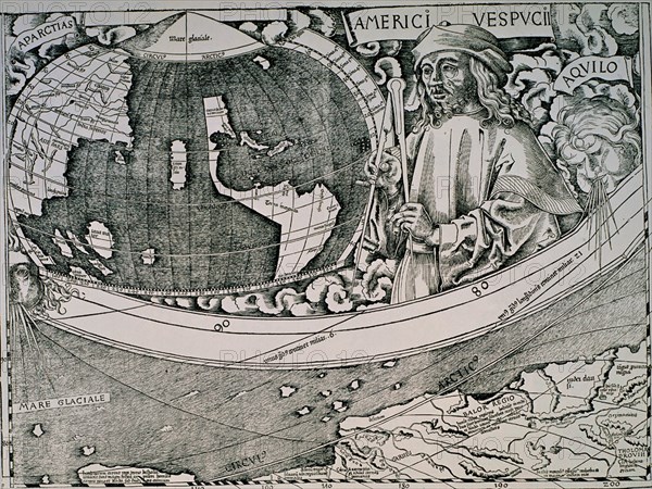 Waldseemüller, detail of a map of the world with Vespucci