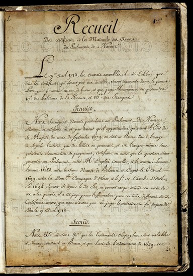 MANUSCRITO SOBRE PARLAMENTO DE NAVARRA S XVIII
AZCOITIA, COLECCION URIA
GUIPUZCOA