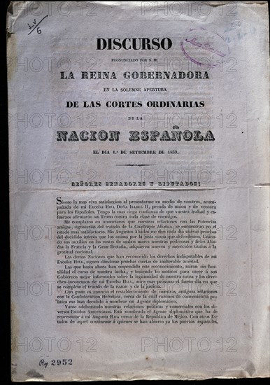 DISCURSO DE REINA REGENTE EN APERTURA CORTES 1839
MADRID, MUSEO ROMANTICO
MADRID