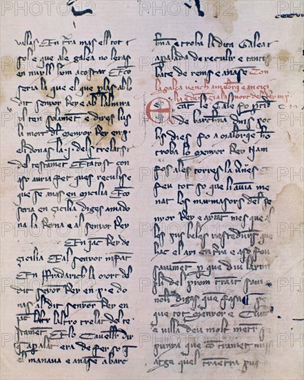 MUNTANER RAMON 1265/1336
CRONICA DE RAMON MUNTANER  1325/32-MANUSCRITO MEDIEVAL EN LENGUA CATALANA
BARCELONA, BIBLIOTECA DE CATALUÑA
BARCELONA

This image is not downloadable. Contact us for the high res.