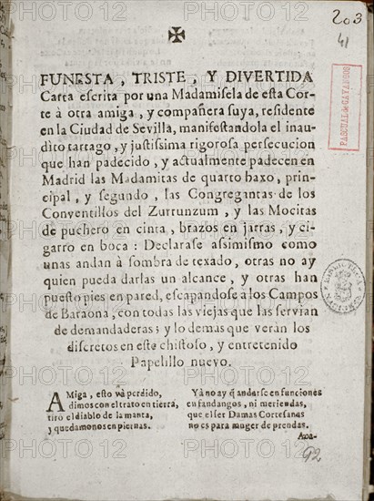 FUNESTA TRISTE Y DIVERTIDA CARTA
MADRID, BIBLIOTECA NACIONAL
MADRID