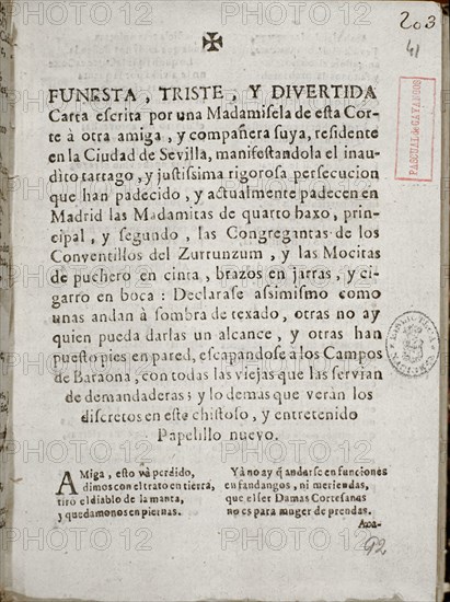 FUNESTA TRISTE Y DIVERTIDA CARTA
MADRID, BIBLIOTECA NACIONAL
MADRID