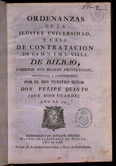ORDENANZAS DE LA UNIVERSIDAD DE BILBAO 1737
MADRID, SENADO-BIBLIOTECA
MADRID