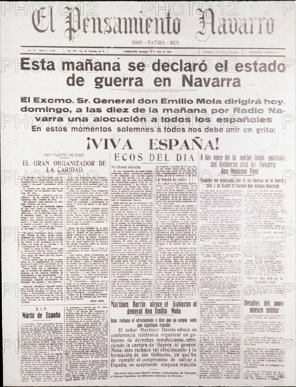 El Pensamiento Navarro Newspaper: Declaration of a State of War in Navarra