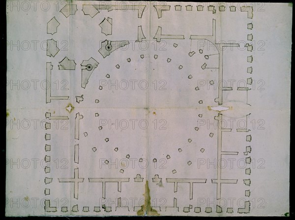 PLANTA DEL PALACIO DE CARLOS V EN GRANADA HACIA 1528-1529 PAPEL Y TINTA SEPIA 575 X 428 CM
MADRID, ARCHIVO HISTORICO MILITAR
MADRID