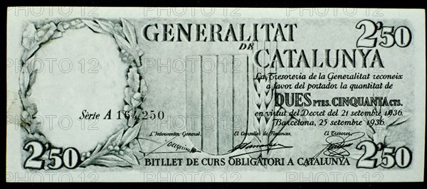 1936 2.50 Peseta Note - Legal Currency in Catalunya