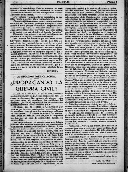 Journal "El Ideal" 1933 
La Menace de la Guerre Civile s'intensifie-t-elle ?