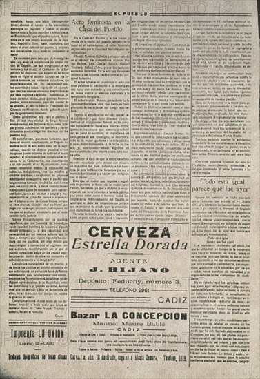 PERIODICO "PUEBLO"CADIZ 23/3/1933 ARTICULO DE ACTO FEMINISTA Y ANUNCIO DE CERVEZA
MADRID, HEMEROTECA MUNICIPAL
MADRID