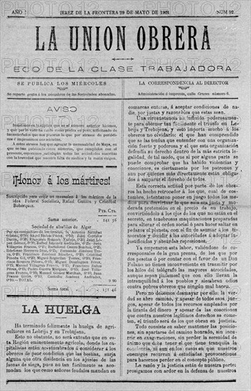 PERIODICO"UNION OBRERA" 1901 LA HUELGA.JEREZ DE LA FRONTERA,9-4-1901
MADRID, HEMEROTECA MUNICIPAL
MADRID