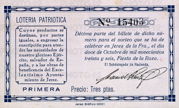 LOTERIA PATRIOTICA-SORTEO JEREZ FRONTERA 12/X/1936 1 EDICION. FIESTA DE LA RAZA.3 PESETAS
MADRID, COLECCION PARTICULAR
MADRID

This image is not downloadable. Contact us for the high res.