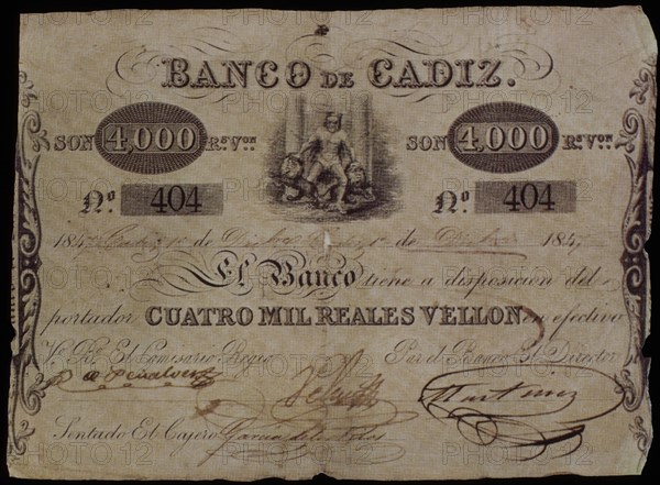 BILLETE DE 4.000 REALES DEL BANCO DE CADIZ