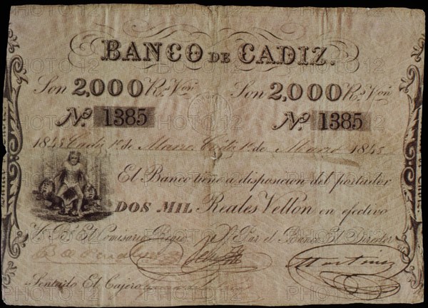 BILLETE DE 2.000 REALES DEL BANCO DE CADIZ
This image is not downloadable. Contact us for the high res.