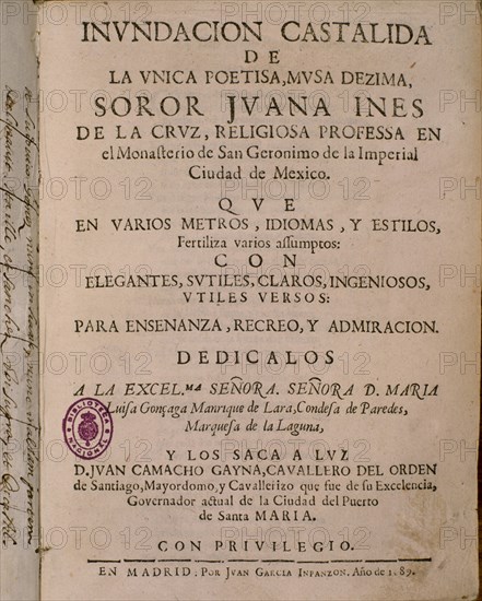 SOR JUANA INES
INUNDACION CASTALIDA DE LA UNICA POETISA
MADRID, BIBLIOTECA NACIONAL RAROS
MADRID