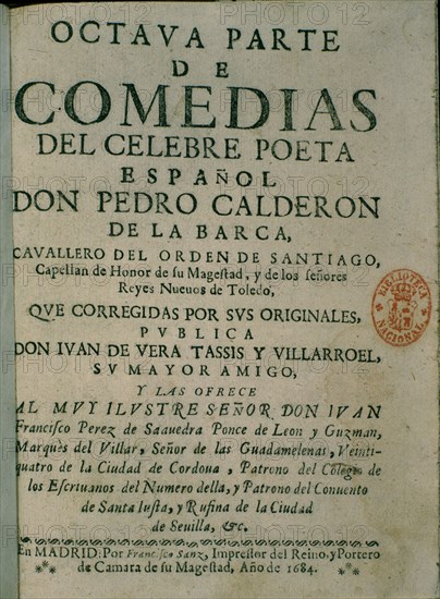 CALDERON DE LA BARCA P 1600-81
PORTADILLA DEL MEDICO DE SU HONRA 2 PARTE
MADRID, BIBLIOTECA NACIONAL TEATRO
MADRID
This image is not downloadable. Contact us for the high res.