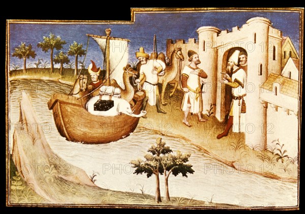 LIBRO DE LAS MARAVILLAS LLEGADA DE UN VIAJERO- ILUSTRACION DEL MANUSCRITO DE MARCO POLO 1400
PARIS, BIBLIOTECA NACIONAL
FRANCIA