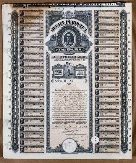 DEUDA PERPETUA DE ESPANA 4% INTERIRO 30 DICIEMBRE 1908
MADRID, BOLSA DE COMERCIO
MADRID
This image is not downloadable. Contact us for the high res.
