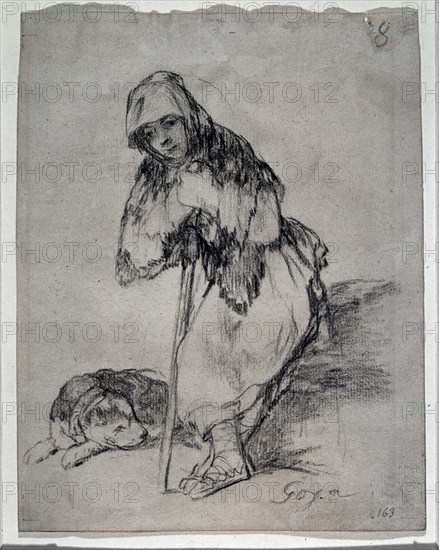 Goya, drawing (Thoughtful Shepherdess)