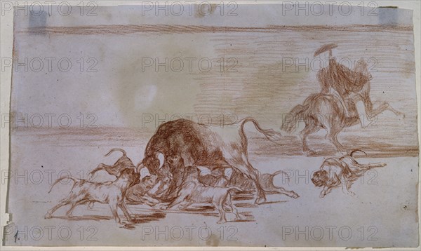 Goya, Dogs hunting down a bull - Tauromachy 1