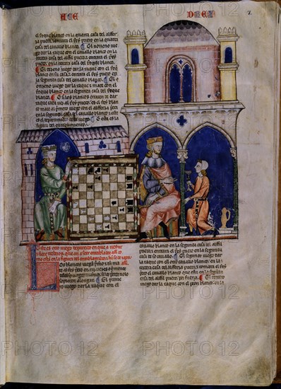 ALFONSO X EL SABIO 1221/84
LIBRO DE JUEGOS-FOL 7r-  DOS JUGADORES EN EL INTERIOR DE CASA NOBLE  Y CRIADO SIRVIENDO
SAN LORENZO DEL ESCORIAL, MONASTERIO-BIBLIOTECA
MADRID