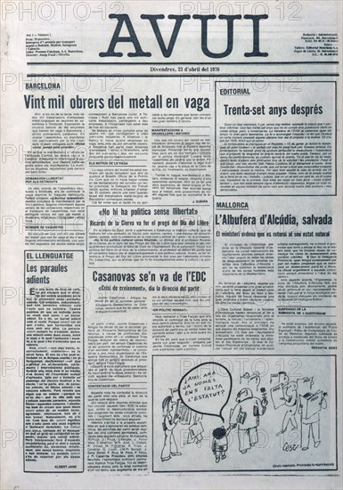 PORTADA DEL PERIODICO AVUI PRIMER NUMERO 23 ABRIL 1976-HUELGA OBREROS DEL METAL
