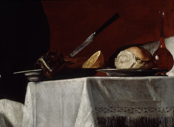 Ribera, Isaac et Jacob - Détail droit: Petite table avec pain, vin, couteau et citron
