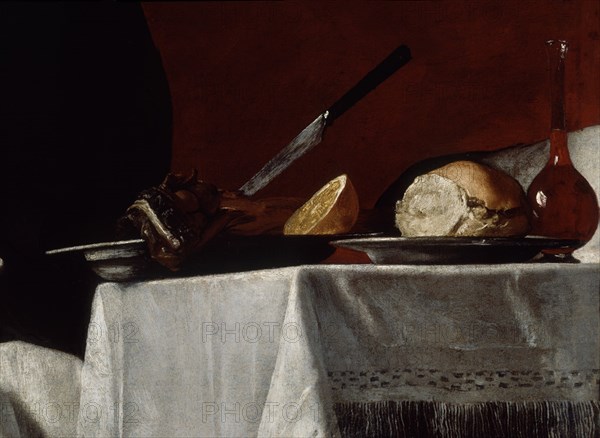 Ribera, Isaac and Jacob - Right detail: Table with bread, wine, knife and lemon