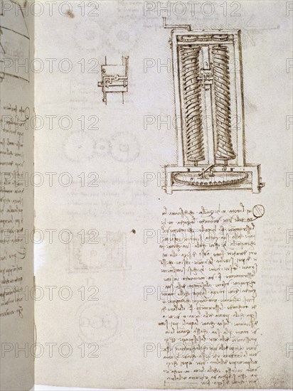 VINCI LEONARDO 1452/1519
PAGINA Y DETALLE DE DISENO DE SU CODICE
MADRID, BIBLIOTECA NACIONAL
MADRID