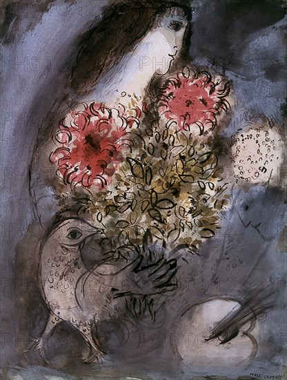 Chagall, Woman, flowers and bird