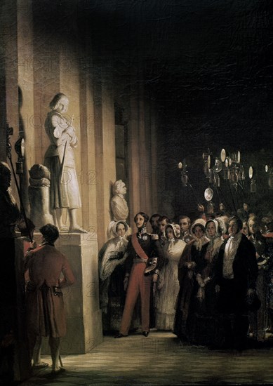 Vinchon, Le Roi Louis-Philippe et la famille d'Orléans visitent la statue de Jeanne d'Arc dans les Galeries de Versailles