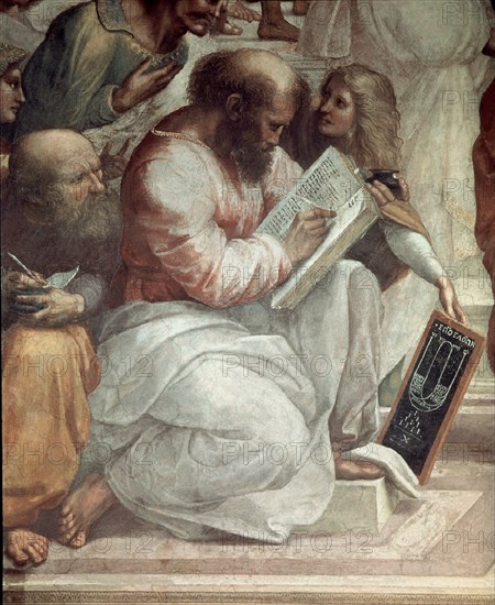 Raphael, School of Athens - Detail, Pythagoras and  Averroes
