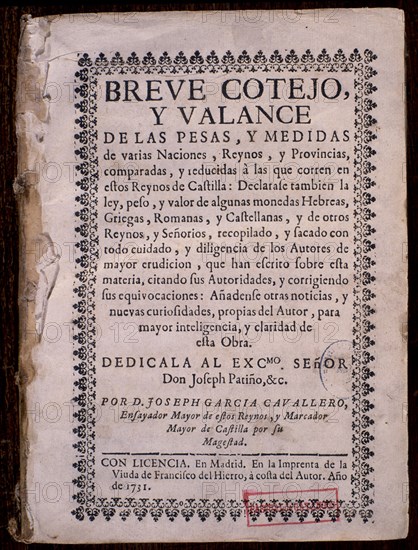 GARCIA CABALLER
BREVE COTEJO Y BALANCE DE PESAS Y MEDIDAS
MADRID, BIBLIOTECA NACIONAL PISOS
MADRID