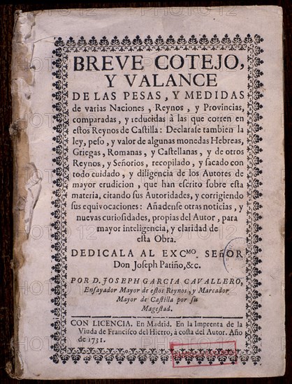 GARCIA CABALLER
BREVE COTEJO Y BALANCE DE PESAS Y MEDIDAS
MADRID, BIBLIOTECA NACIONAL PISOS
MADRID