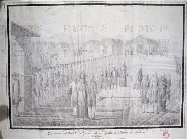 VANCY DUQUE DE
RECIBIMIENTO DEL CONDE DE LA PEROUSE EN LA MISION DEL CARMELO EN LA CALIFORNIA-DIBUJO S XVIII
MADRID, MUSEO NAVAL
MADRID