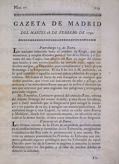 GAZETA DE MADRID - PORTADA DEL 28/2/1792         R-24572
MADRID, BIBLIOTECA NACIONAL RAROS
MADRID