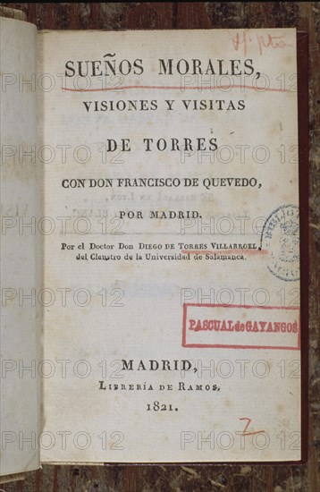 TORRES VILLAROEL DIEGO 1693/1770
SUENOS MORALES (EDICION 1821)
MADRID, BIBLIOTECA NACIONAL PISOS
MADRID