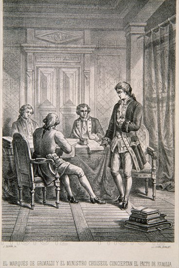 SERRA J
GRIMALDI Y CHOISEUL REALIZAN EL TERCER PACTO DE FAMILIA - ALIANZA ENTRE ESPAÑA Y FRANCIA
MADRID, BIBLIOTECA NACIONAL B ARTES
MADRID