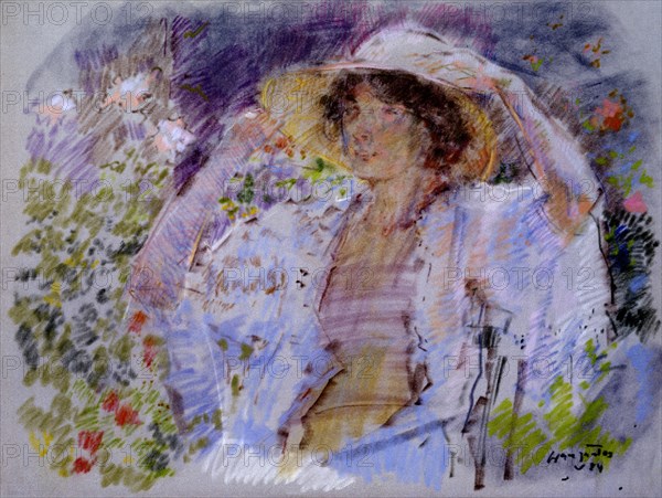 GRAU SANTOS JULIAN
(JOVEN SENTADA EN JARDIN CON PAMELA SOBRE LA CABEZA)1984-PASTEL