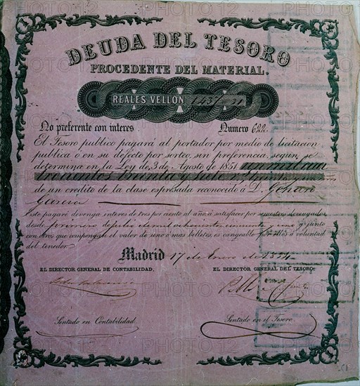 DEUDA DEL TESORO PROCEDENTE DEL MATERIAL - 1854
This image is not downloadable. Contact us for the high res.