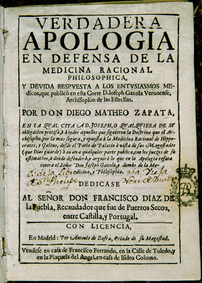 MATEO ZAPATA
VERDADERA APOLOGIA EN DEFENSA DE LA MEDICINA
MADRID, BIBLIOTECA NACIONAL RAROS
MADRID