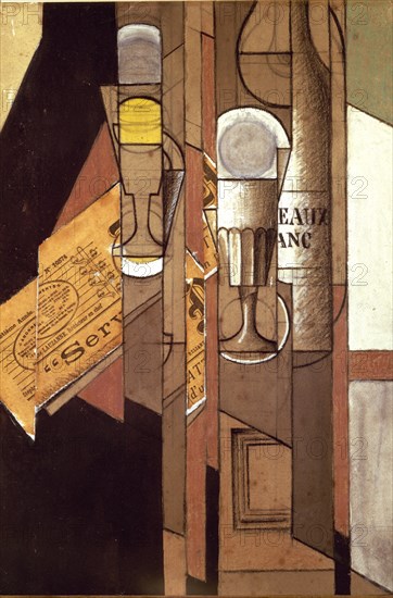 GRIS JUAN 1887/1927
VERRES JOURNALET BOUTEILLE DE VIN 1913-PAPIER COLLE GOUACHE