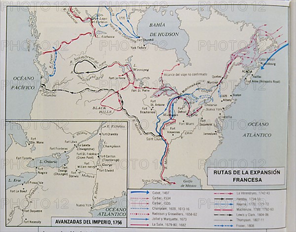 MAPA DE CANADA-RUTAS DE LA EXPANSION FRANCESA DESDE EL S XV AL XIX