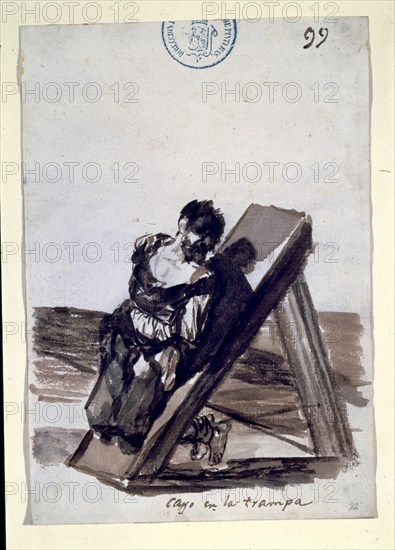 Goya, dessin de la série Prisons, Supplices et Liberté (Il est tombé dans le piège)