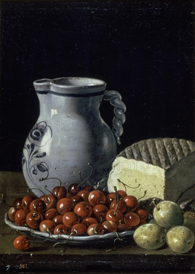 Melendez L., Nature morte: cerises, prunes, fromage et cruche