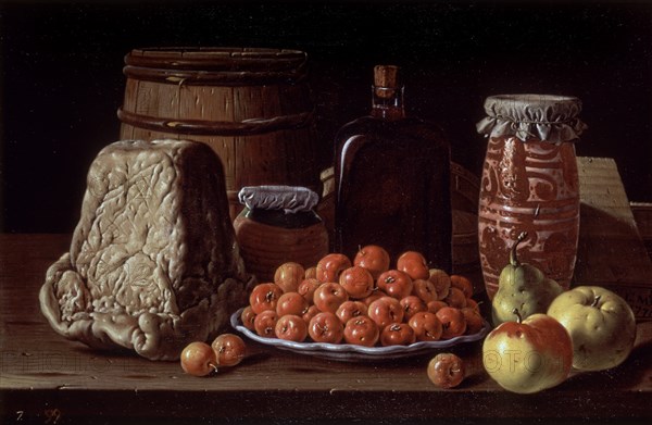 Melendez L., Nature morte: fromage, fruits et récipients