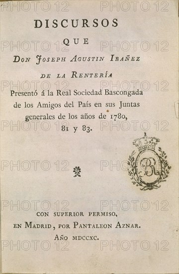 IBAÑEZ JOSE AGUSTIN
DISCURSOS DE JOSE A.IBAÑEZ DE LA RENTERIA A LA SOCIEDAD VASCONGADA AMIGOS PAIS EN 1780/81/83
MADRID, BIBLIOTECA NACIONAL PISOS
MADRID
This image is not downloadable. Contact us for the high res.