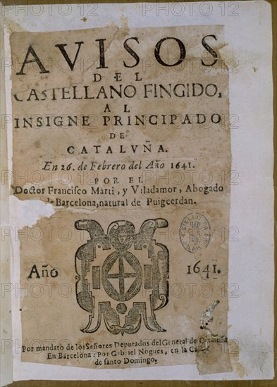 MARTI VILADAMOR
AVISOS DEL CASTELLANO FINGIDO A CATALUNA
MADRID, BIBLIOTECA NACIONAL RAROS
MADRID
This image is not downloadable. Contact us for the high res.