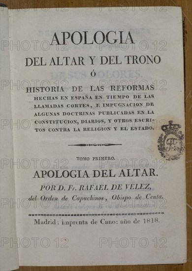VELEZ RAFAEL
APOLOGIA DEL ALTAR Y DEL TRONO-1818-PORTADA
MADRID, BIBLIOTECA NACIONAL PISOS
MADRID
This image is not downloadable. Contact us for the high res.