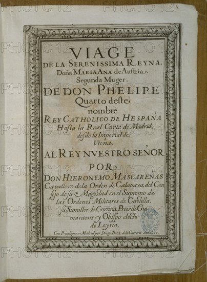 MASCANERAS
VIAJE DE MARIA ANA DESDE VIENA A MADRID-1650-PORTADA
MADRID, BIBLIOTECA NACIONAL RAROS
MADRID