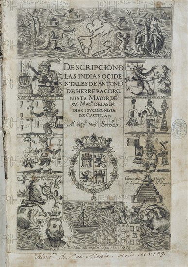 HERRERA Y TORDESILLAS ANTONIO 1549/1625
DESCRIPCION DE LAS INDIAS OCIDENTALES-PORTADA
MADRID, BIBLIOTECA NACIONAL RAROS
MADRID